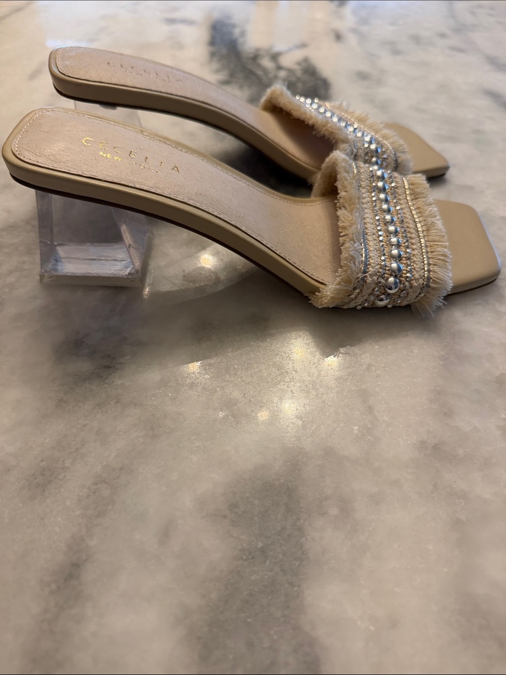 CECELIA NEW YORK Beige Embellished Fringe CINDER Slide Mules 7.5 - Picture 4 of 12